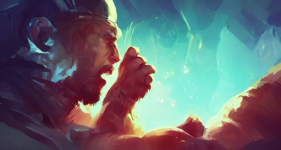 Image similar to Epic dramatic cinematic close-up character shot of a man pit against his mortal enemy in a thumb war for the fate of cosmic reality. Digital art. By Dominik Mayer, Anton Fadeev, and Alena Aenami. Masterpiece. Trending on Artstation and CGsociety. World's greatest artistry. HDR. 4k. Amazing incredible awesome awe-struck fantastic intriguing. Creative use of colors. Fantastic lighting.
