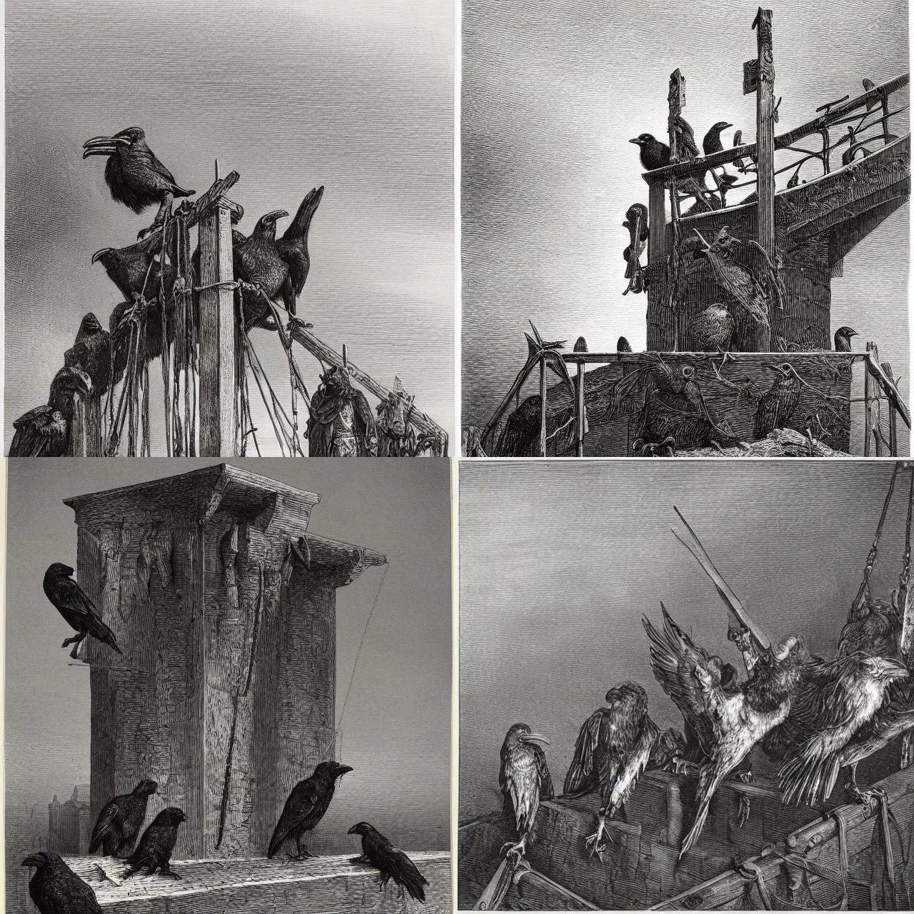 Prompt: an engraving of ravens on the beam of the gallows by gustave dore, john blanche, ian miller, highly detailed, strong shadows, depth, illuminated focal point