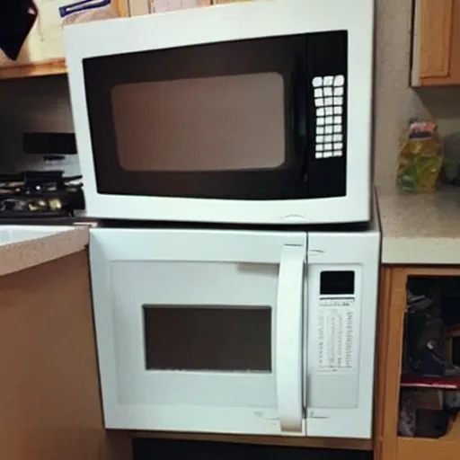 Prompt: this dumbass got stuck inside a microwave lol, viral on instagram, viral post, phone camera quality, uncomfortable
