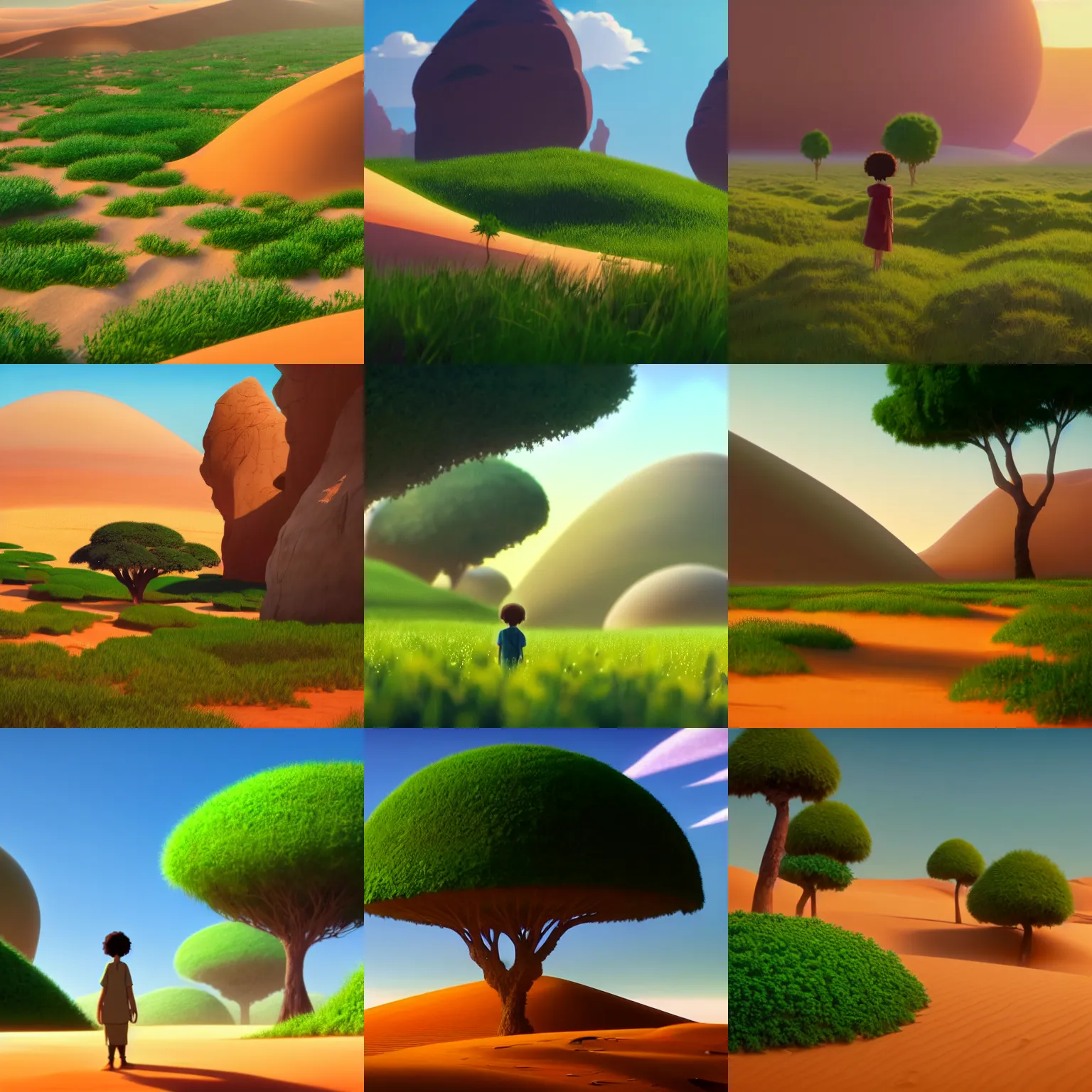 Prompt: a wholesome animation key shot of the sahara became green and desert started blooming, medium shot, studio ghibli, pixar and disney animation, sharp, rendered in unreal engine 5, anime key art by greg rutkowski, bloom, dramatic lighting