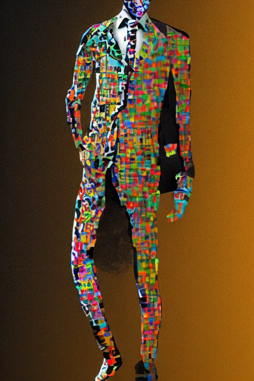 Prompt: man made of glitch art wearing a suit, game character, portrait, realism