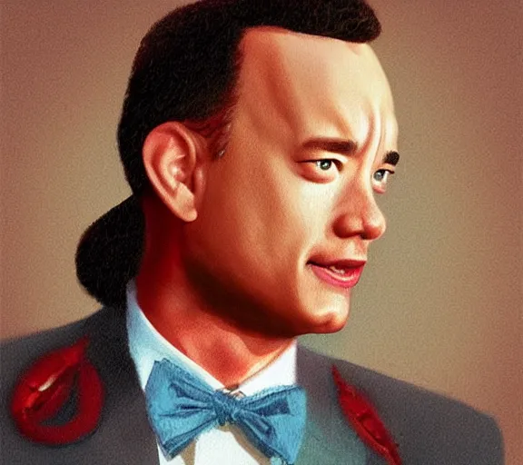 Prompt: Tom hanks as forrest gump wearing a necklace made out of shrimps, realistic face, digital art, in the style of Raphael Lacoste, amazing detail, artstation