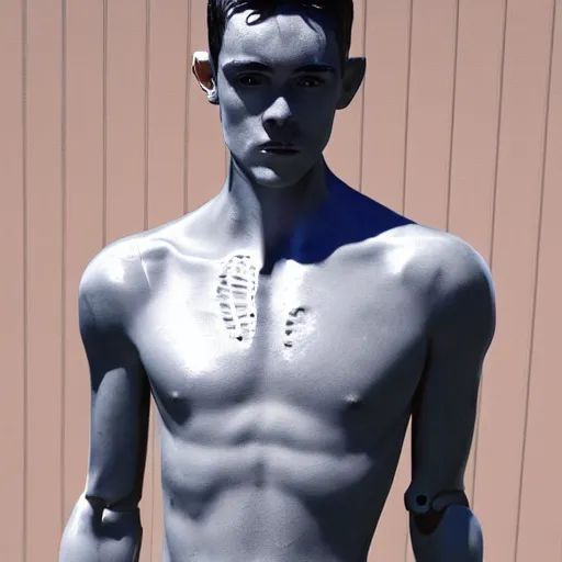 Image similar to a realistic detailed photo of a guy who is an attractive humanoid who is half robot and half humanoid, humanoid robot, by the pool, posing like a statue, who is a male android, blank stare, on display, made of ice, shiny skin, frozen ice statue, showing off his muscles, f 1 driver charles leclerc