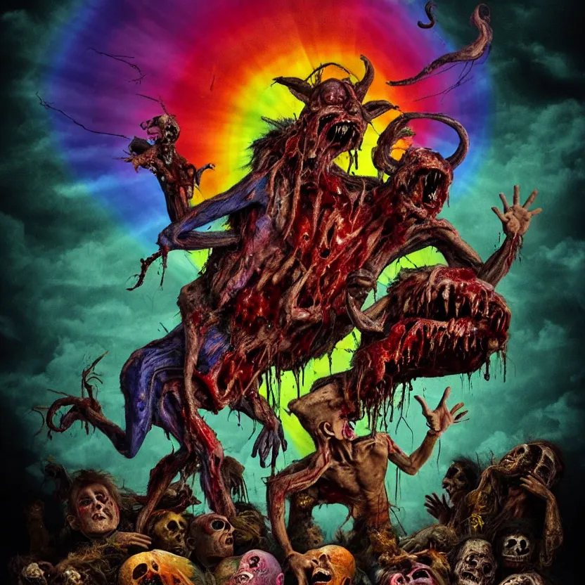 Prompt: a beautiful, colorful, flesh - eating, whimsical demon with rainbow fur, eating a screaming priest while standing on a pile of corpses, by david cronenberg and alexandro judorowski, fear, morbid, nightmare, supernatural, 8 k, digital art, highly detailed, chiaroscuro, creepy, terrifying