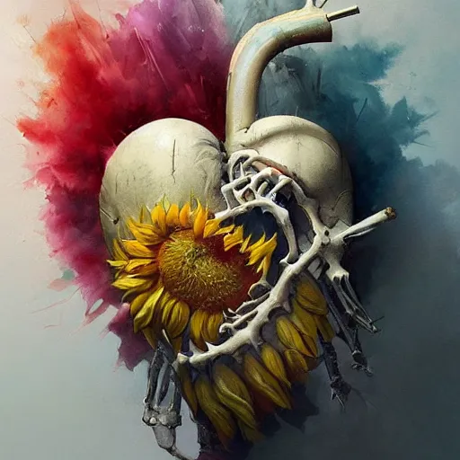 Prompt: a beautiful painting by Grzegorz greg rutkowski of an anatomically correct heart bursting out of an anatomically correct skeletal rib-cage and exploding into rainbows and sunflowers, trending on artstation hq