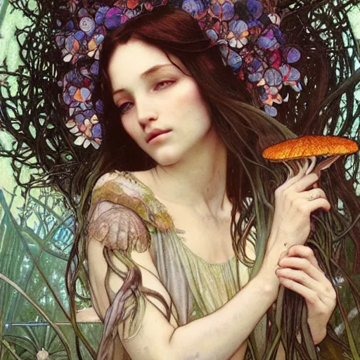 Prompt: realistic detailed face portrait of a beautiful young swamp witch with rainbow turkey tail mushrooms growing in her hair like a halo by Alphonse Mucha, Ayami Kojima, Amano, Charlie Bowater, Karol Bak, Greg Hildebrandt, Jean Delville, and Mark Brooks, Art Nouveau, Neo-Gothic, gothic, rich deep moody colors