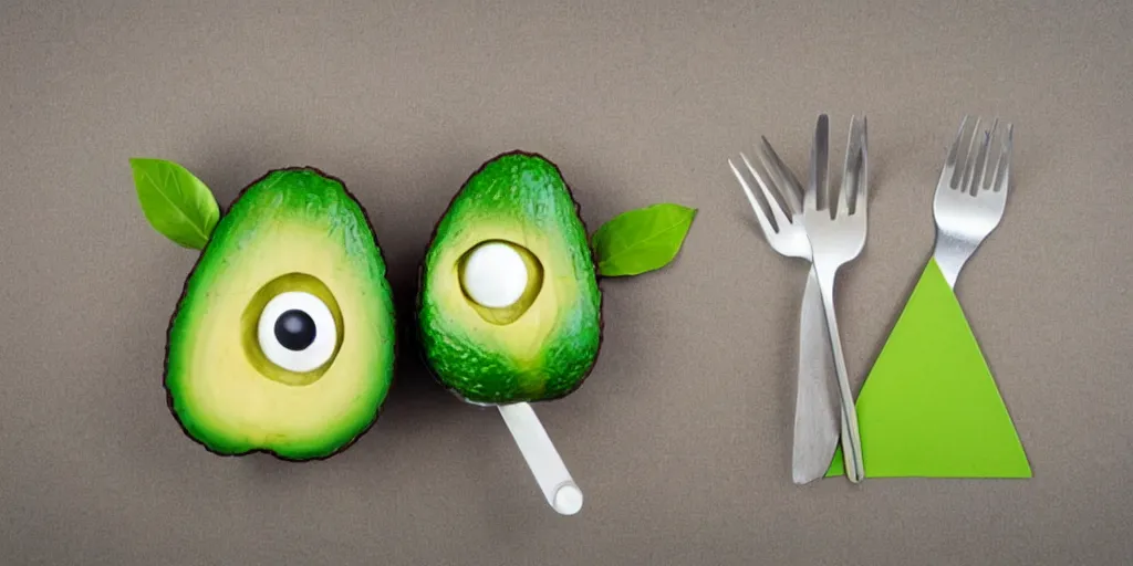 Image similar to robot with avocado head and cute eyes that has forks instead of arms