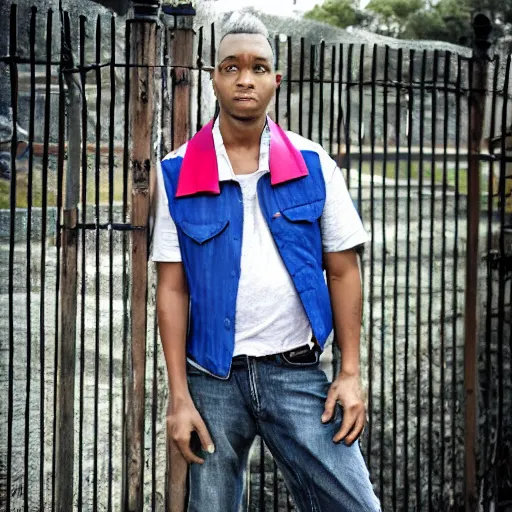 Image similar to Young man standing looking to the right in a red bandana, blue striped shirt, gray vest and a gun with a partly cloudy sky in the background. The young man is standing in front of an iron fence. Photograph. Real life