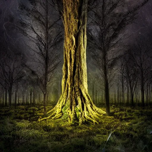 Image similar to horrific, mighty, fabulous tree standing in a thickly vegetated, dark, sombre forest in a fantasy world, dreamlike light incidence, ultrarealistic, onimous