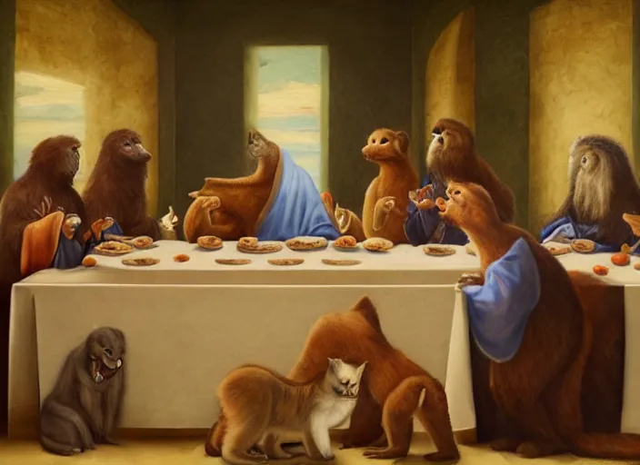 Image similar to furry last supper, oil painting