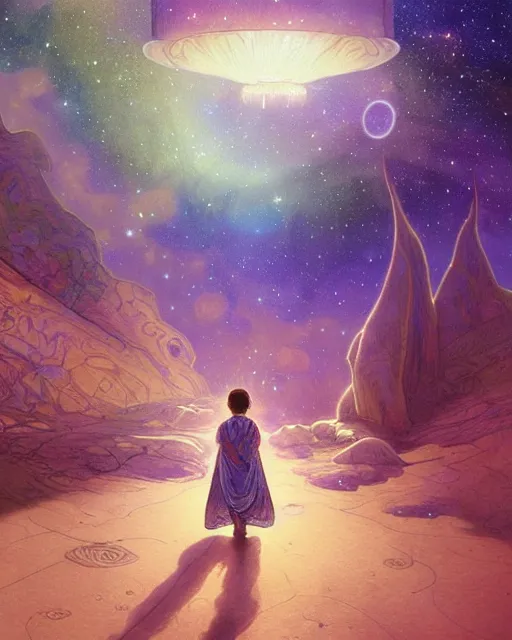 Image similar to bedouin child praying in galaxy walking towards mosque surrounded by nebula, highly detailed, gold filigree, romantic storybook fantasy, soft cinematic lighting, award, disney concept art watercolor illustration by mandy jurgens and alphonse mucha and alena aenami, pastel color palette, featured on artstation