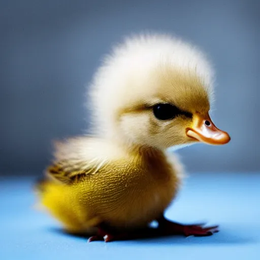 Image similar to a baby duckling wearing a bow on her head, holding a scalpel