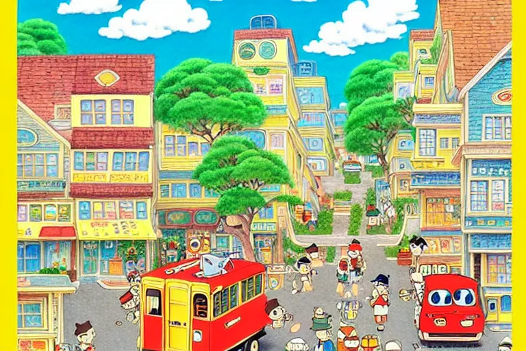 Image similar to an elaborate painting of a peaceful neighborhood, detailed, penned illustrations, by richard scarry and studio ghibli!!!!!!!!!!!