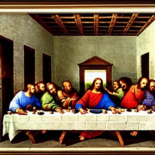 Image similar to The scene of the Last Supper of Jesus with the Twelve Apostles, the moment after Jesus announces that one of his apostles will betray him. Oil painting by Leonardo da Vinci, 1495.