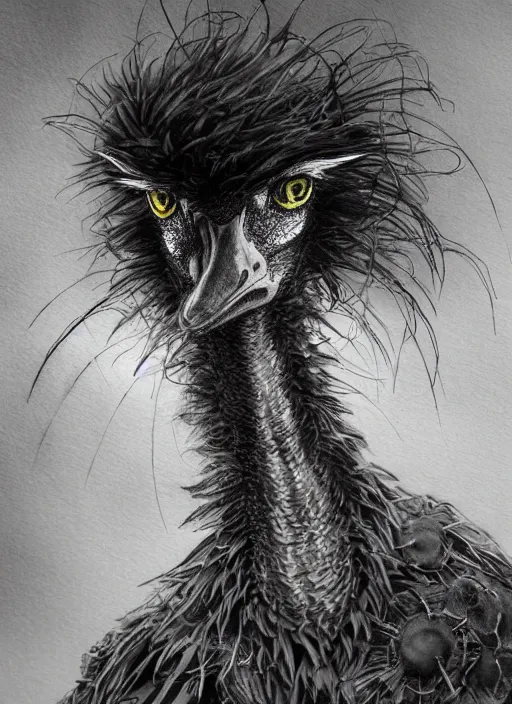 Image similar to goth emu, watercolor, dramatic lighting, cinematic, establishing shot, extremely high detail, foto realistic, cinematic lighting, pen and ink, intricate line drawings, by Yoshitaka Amano, Ruan Jia, Kentaro Miura, Artgerm, post processed, concept art, artstation, matte painting, style by eddie mendoza, raphael lacoste, alex ross