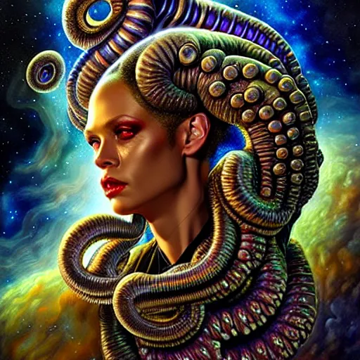 Image similar to uhd photorealistic cosmic lovecraftian gorgon in space. amazing detail, correct face, bizarre looking, by karol bak and zawadzki, hyperdetailed. intricate details with studio lighting.