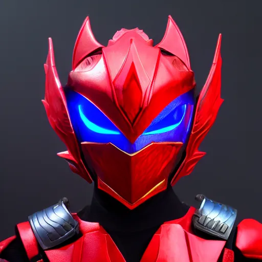 Image similar to dragon inspired High Fantasy Kamen Rider Helmet, red and blue color scheme, 4k, glowing eyes, daytime, rubber suit