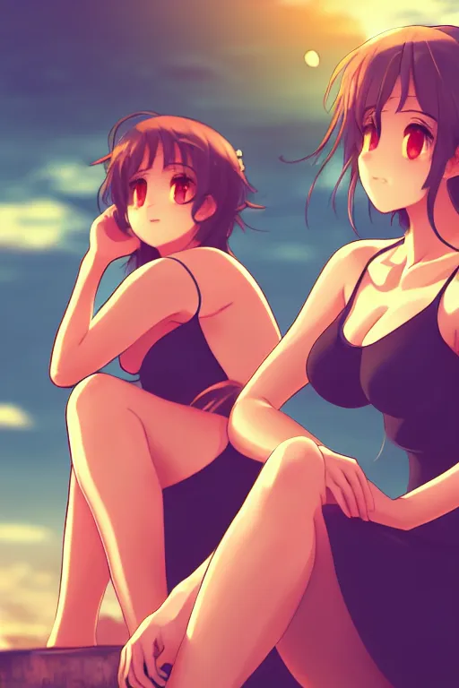 Image similar to two beautiful mothers sitting on a hot summer evening, gorgeous faces, thick lines, cinematic lighting, detailed anime art