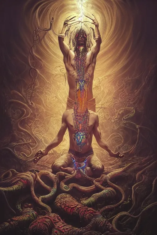 Image similar to meditating psychedelic shaman with trinket necklace, epic angle and pose, reflective pool, symmetrical artwork, ayahuasca, translucent, fungus, energy flows of water and fire, highly detailed, epic cinematic concept art, excellent composition, dystopian brutalist atmosphere, dynamic dramatic lighting, aesthetic, very inspirational, arthouse, Greg Rutkowski, Artgerm