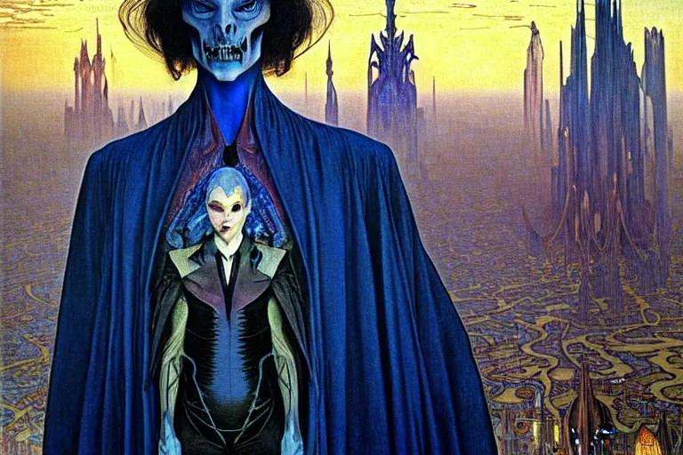 Image similar to realistic extremely detailed portrait painting of an elegantly creepy vampire man in a cape, futuristic sci-fi city on background by Jean Delville, Amano, Yves Tanguy, Alphonse Mucha, Ernst Haeckel, Edward Robert Hughes, Roger Dean, rich moody colours, blue eyes