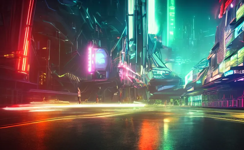 Prompt: you are looking for a giant of 1 km of hight walking on the small city, tron, close up bokeh hiperrealistic neon glow darkness dramatic neon f - zero ships, sharp focus, octane render, imax