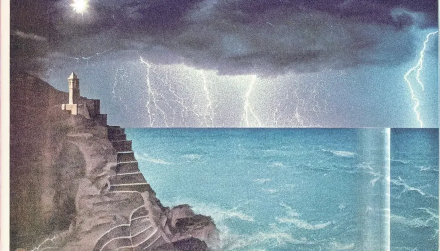 Image similar to A 1985 vintage magazine architecture photo of a, mediterranean architecture, refracted lines and sparkles, thunderstorm outside, beach on the background major arcana sky and occult symbols, hyperrealistic, award-winning, 1985