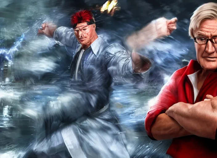 Image similar to action shot of ken barlow from coronation Street as ryu from Street fighter, ultra realistic, detailed, cinematic, unreal engine, concept art, digital art,