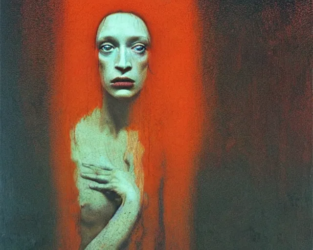 Image similar to by francis bacon, beksinski, mystical redscale photography evocative, expressionism. kat dennings uma thurman christina hendricks tilda swinton