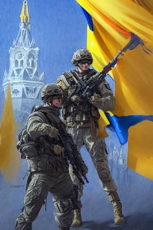 Image similar to special forces soldier installin ukrainian blue and yellow flag on red square kremlin, masculine figure, d & d, fantasy, bright atmosphere, volumetric lights, intricate, elegant, extremely detailed, digital painting, artstation, concept art, matte, smooth, sharp focus, hyper realistic, illustration, art by artgerm and greg rutkowski and alphonse mucha