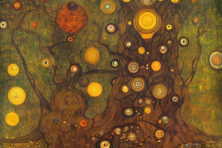 Prompt: yggdrasil with planets hanging from the branches by gustav klimt, digital art, artstation, low angle, high detail, intricate, wide shot,