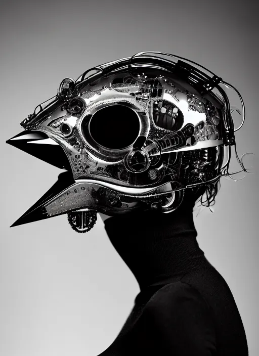 Image similar to profile portrait, a stunning young woman - cyborg with a mutant crow head, editorial photography, bw, by hans bellmer, shot on 7 0 mm, depth of field, f / 2. 8, high contrast, 1 6 k, volumetric lighting, shiny, insanely detailed and intricate, hypermaximalist, elegant, ornate