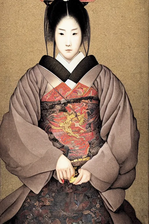 Prompt: Baroque painting of a female Japanese Samurai, inspired by Gustav Moreau and Wayne Barlowe, exquisite detail, hyper realism, ornate, exquisite detail, cute face