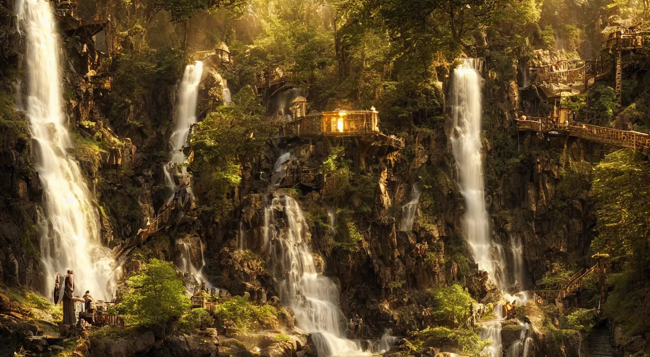 Image similar to rivendell steampunk, waterfalls from clif, dappled golden lighting, cinematic, photographic, realistic, highly detailed, matte painting