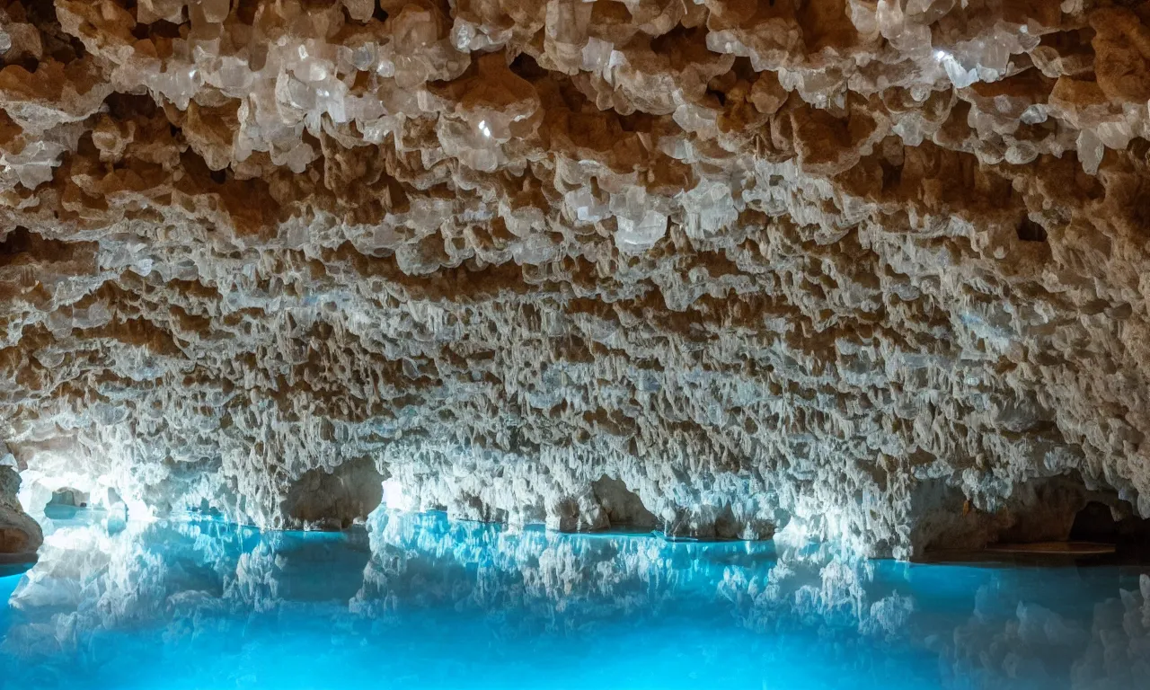 Image similar to an extremely large cave, brightly lit, filled with quartz crystal formations, pools of water