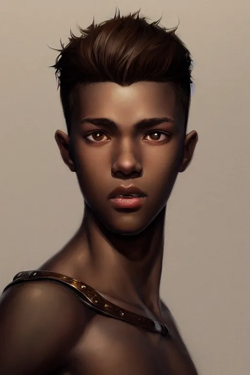 Image similar to young teenager boy with straight short brown hair, dark skin, big lips. highly detailed, d & d, fantasy, highly detailed, digital painting, trending on artstation, concept art, sharp focus, illustration, art by artgerm and greg rutkowski and fuji choko and viktoria gavrilenko and hoang lap