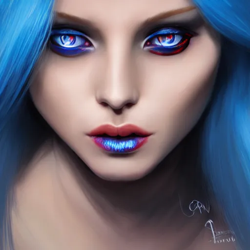 Prompt: perfectly - centered close - up face - portrait of glowing - eyed demoness with blue hair, the perfect human female specimen, intricate, elegant, super highly detailed, professional digital painting, artstation, concept art, smooth, sharp focus, no blur, no dof, extreme illustration, unreal engine 5, 8 k, by anne stokes