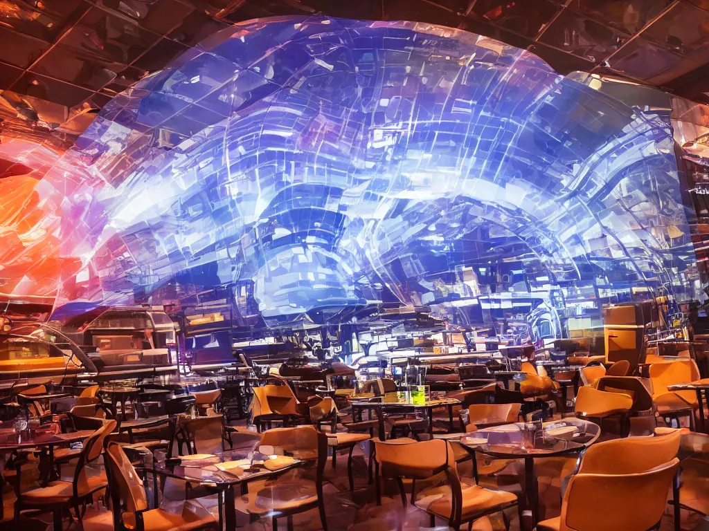 Image similar to visors with curved translucent screens playing detailed sci - fi art ( 2 0 4 2 ), pixel perfect photograph, high contrast, volumetric lighting, thin glowing lights, restaurant, chairs, users, pair of keys