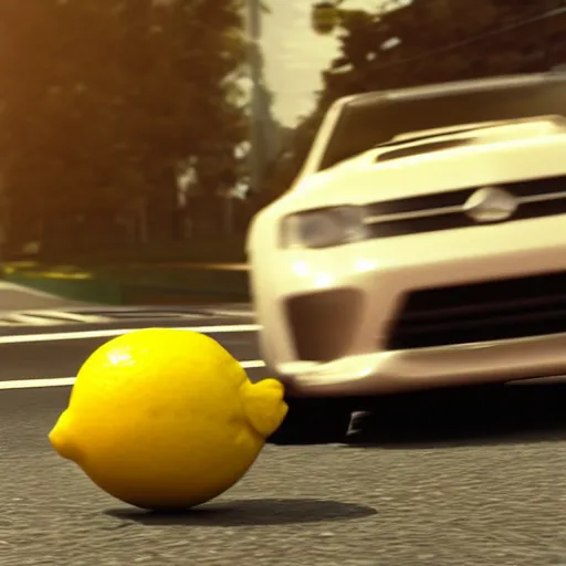 Prompt: A lemon getting run over by a car, Dramatic camera shot, Realistic, Unreal engine 5,