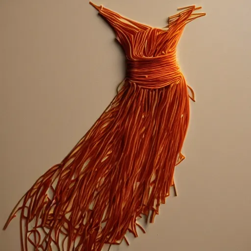 Prompt: a dress made out of spaghetti