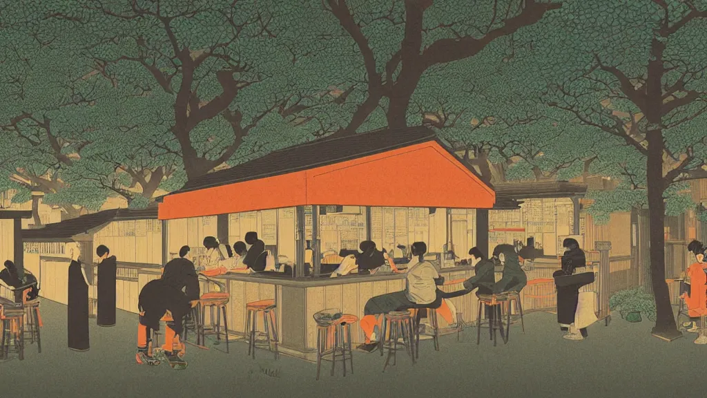 Image similar to There was a bar that ran out of water, everyone was thirsty and was drinking orange juice and other soft drinks to satiate their thirst, screen print by Kawase Hasui and dan hillier, 8k unreal engine