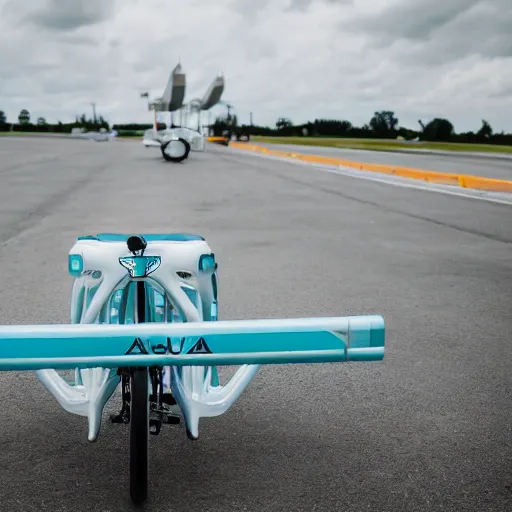 Image similar to aqua bike in the middle of an airport runway, canon eos r 3, iso 2 0 0, 1 / 1 6 0 s, 8 k, raw, unedited, symmetrical balance, in - frame