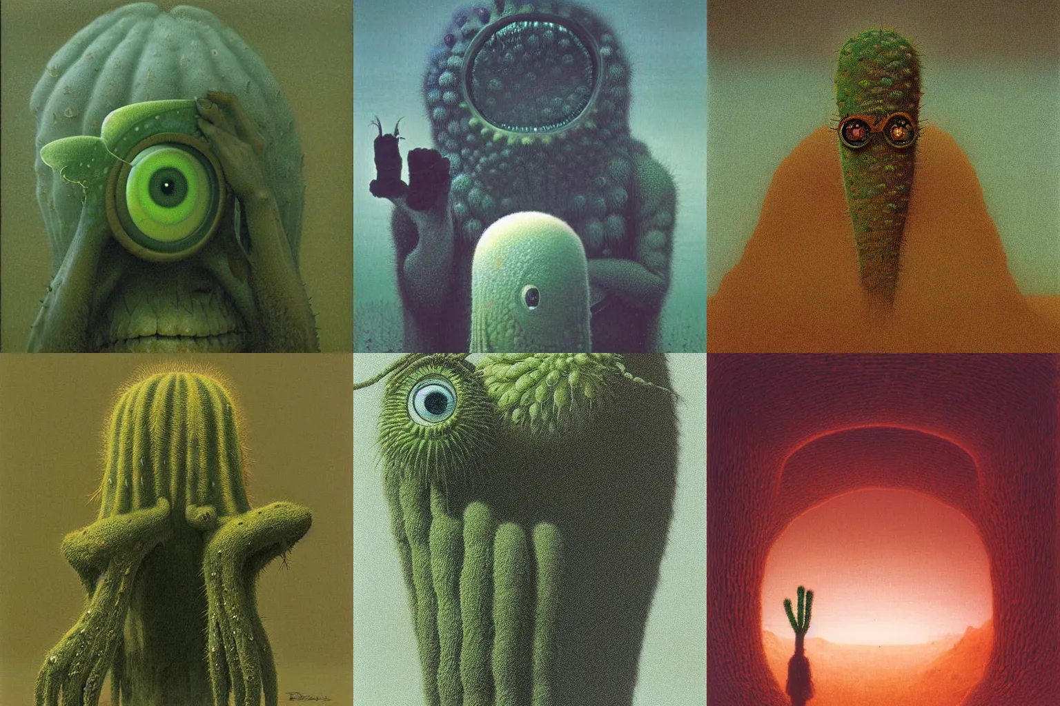 Image similar to a portrait of Mike Wazowski and the cactus eater by Beksinski