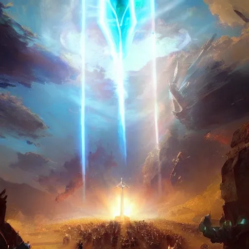 Image similar to a glowing holy light beam pillar strike from the sky, warriors on the ground, hearthstone art style, epic fantasy style art by Craig Mullins, fantasy epic digital art, epic fantasy card game art by Greg Rutkowski