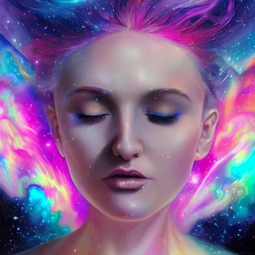 Prompt: a galaxy pink purple and blue colored, psychedelic, ethereal, portrait, kim petras, eyes closed transcending to a higher plane of existence, cosmic nebulaic spirit form, eternal blessing, multiverse, by android jones, by ben ridgeway, visionary art, by artgerm, featured on artstation, cgsociety, by greg rutkowski