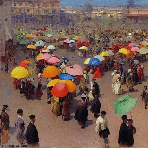 Prompt: dagomey officials with flat colorful umbrellas in ahomey's huge main square, from above, 1905, highly detailed, oil on canvas, by ilya repin