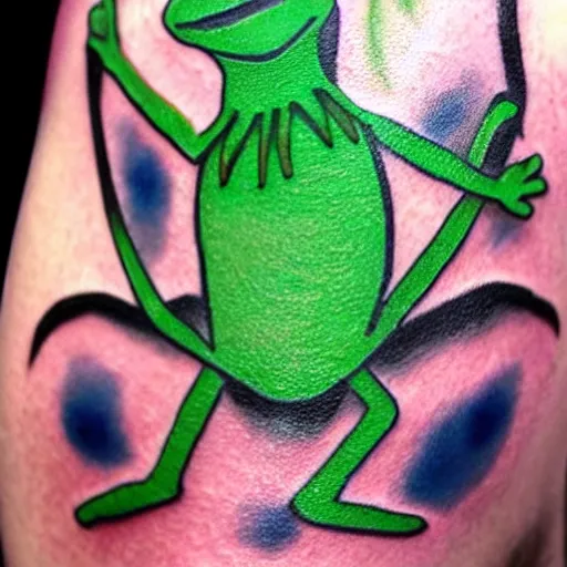 Image similar to tattoo of kermit the frog from sesame street with joker makeup