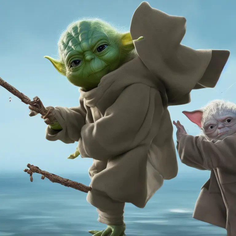 Image similar to Yoda smacking a seagull with a stick, hyperdetailed, artstation, cgsociety, 8k