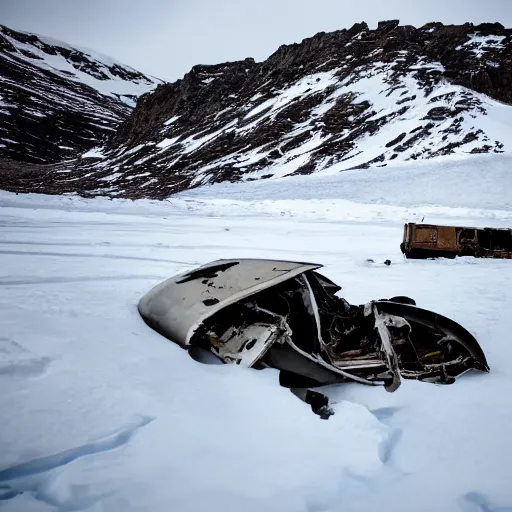 Prompt: dark smoking crash wreckage in far distance in deep canyon in Antarctica, overcast, snow plains, single light source, overhead light, wires, dark, gloomy, cinematic, vray, wreckage, dirty, overhead light, soft light, dark