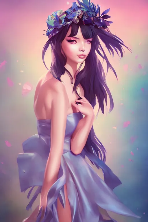 Image similar to a beautiful fashion goddness of love, chic strapless dress, tropical sea background, character design, in the style of artgerm, and wlop, cinematic lighting, hyperdetailed, 8 k realistic, symmetrical, global illumination, radiant light, frostbite 3 engine, cryengine, dof, trending on artstation, digital art