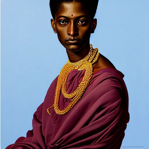 Image similar to A portrait of a skinny stylish and beautiful non-binary person, dark skin tone, Indian, oil painting by Kehinde Wiley, majestic, detailed, high resolution